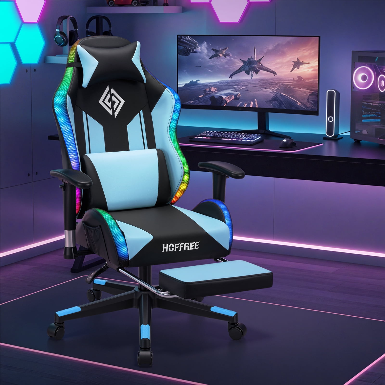 Hoffree LED Gaming Chair for Kids 8-14 Gaming Chairs for Teens with Adjustable Headrest and Lumbar Support Ergonomic PU Leather Kids Gaming Chair with Led Lights