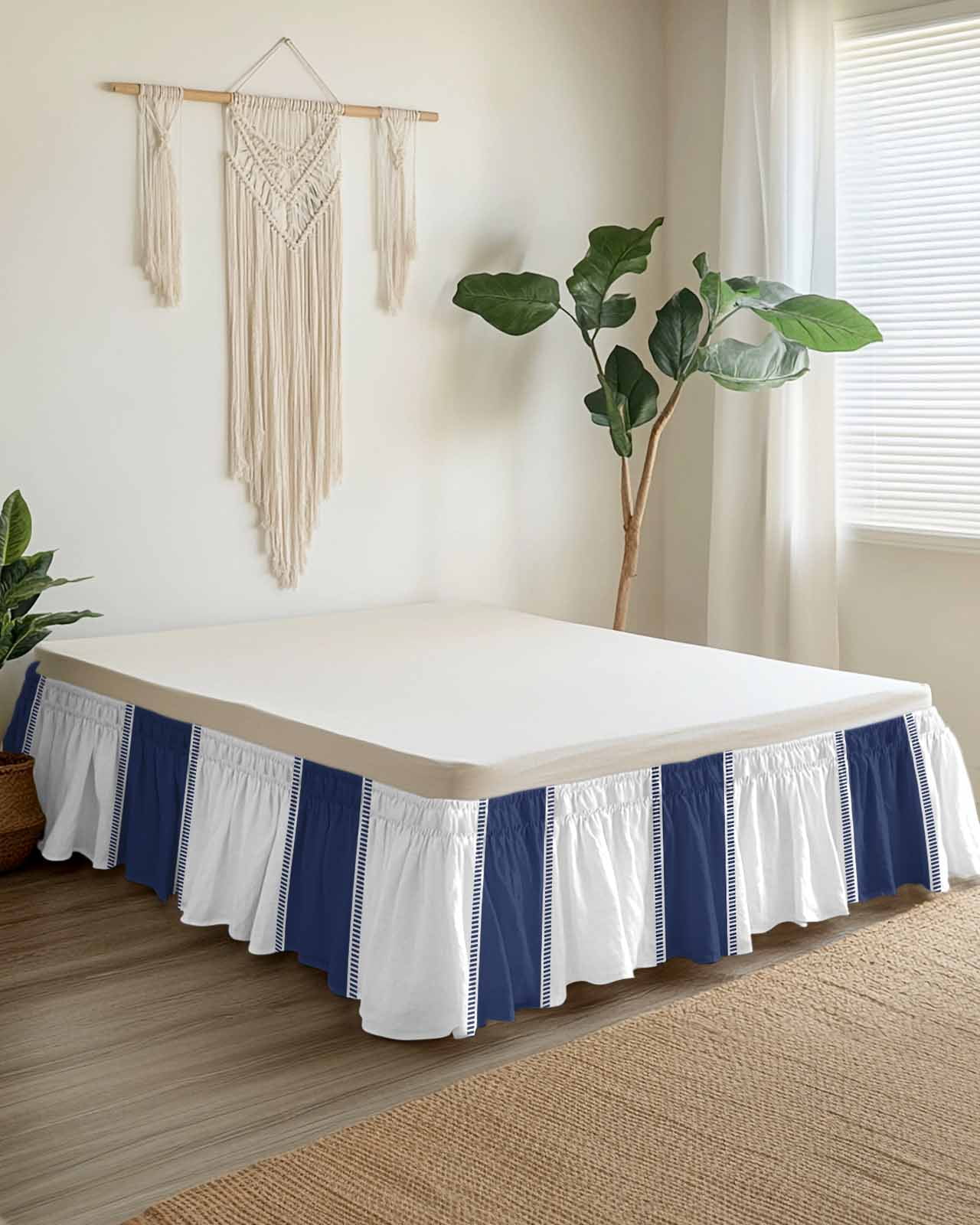 Navy Blue Bed Skirt King Size 16&nbsp;Inch Drop, Stripes Solid Color Wrap Around Dust Ruffle Bedskirts, Wrinkle & Fade Resistant Easy Fit Bedskirt with Adjustable Elastic