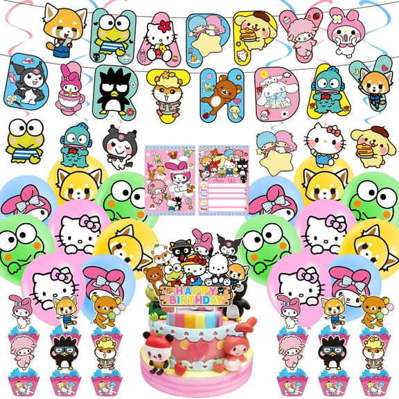 Sanrio birthday decoration supplies, party decoration set includes banner, balloons, hanging, invitation card, cake decoration, cupcake decoration, Sanrio theme party for girls and kids