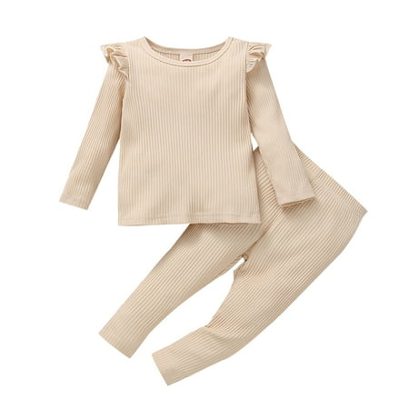 

ZMHEGW Toddler Baby Girl Clothes Kids Boy Casual Soild Ribbed Long Sleeves Top Pants Set Outfits For Girl 2-3 Years