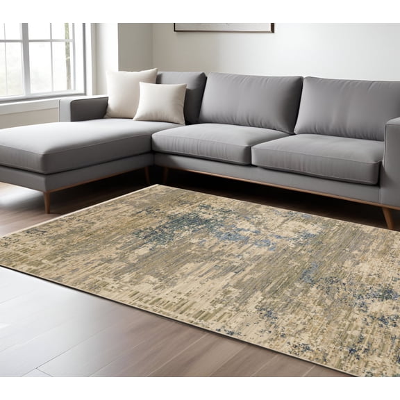 8' X 11' Beige And Blue Abstract Area Rug With Fringe
