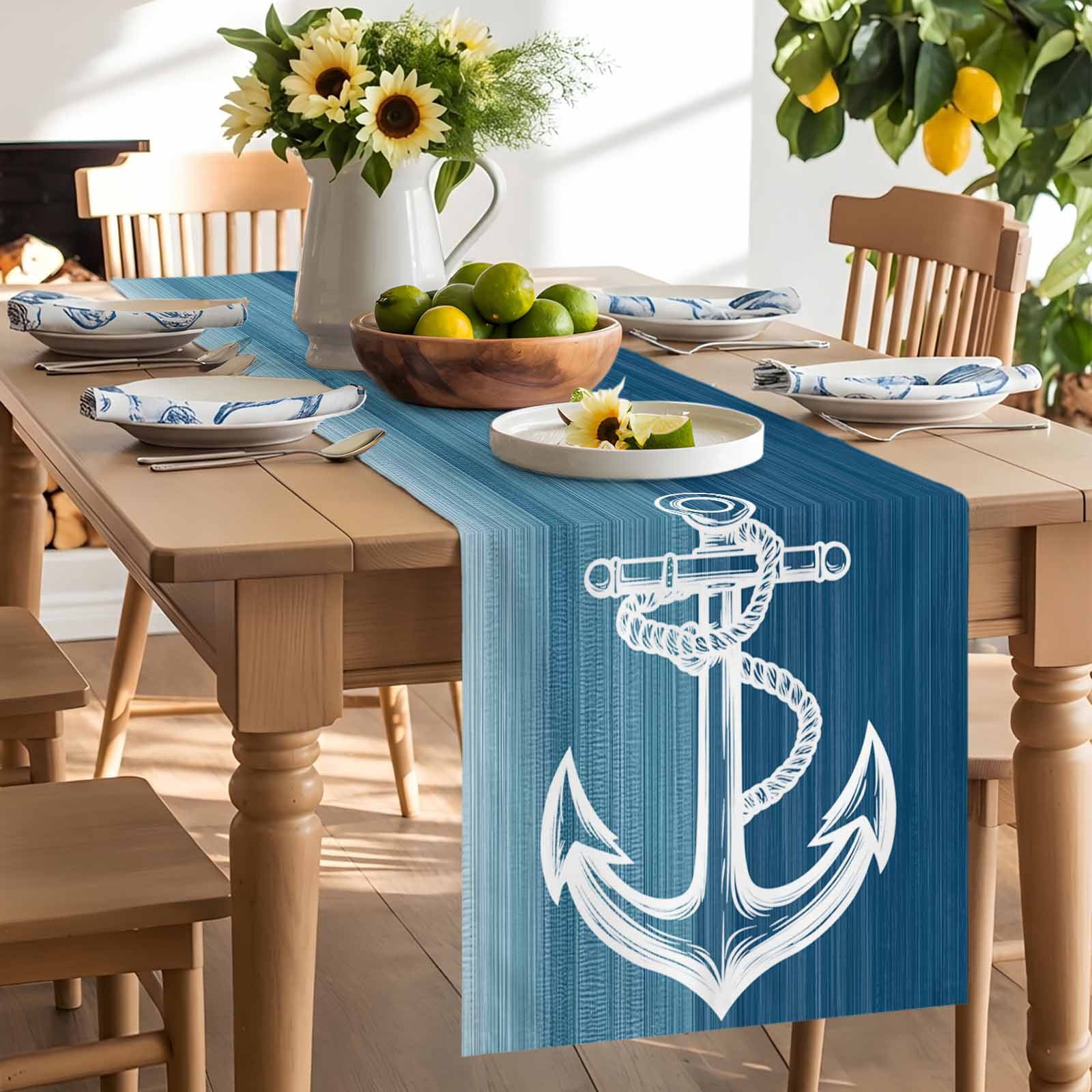 Ocean Nautical Anchor Table Runner 90 Inches Long, Gradient Blue Stripes Table Runners Tabletop Scarf Kitchen Dining Tables Decoration for Home Party Indoor Outdoor