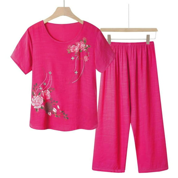 Njoeus Two Piece Sets for Women Dressy, Sexy Two Piece Outfits for Women Capris Pajama Sets for Women 2 Piece Casual Floral Printed Short-Sleeve Top Capris Pants Plus Size Comfy Summer Outfit Pjs Set