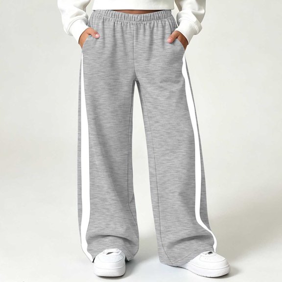 Cethrio Girls Sweatpants Size 10-12, Color-blocking Fleece-lined Elastic Waist Open Bottom Straight-leg Pants Gray