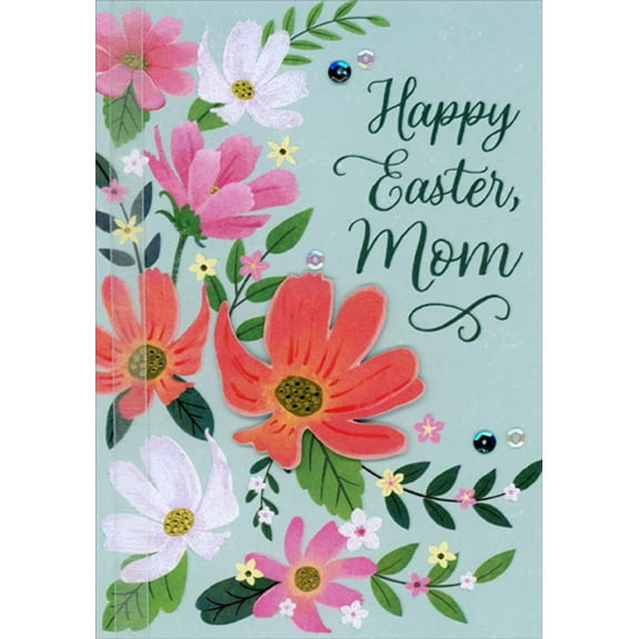 Designer Greetings Red 3D Tip On Flower, White Ribbon, Gold Foil Accents, Sequins on Light Blue Hand Decorated Premier Collection Easter Card for Mom