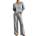 thumbnail image 2 of Maqroz Two Piece Outfits for Women Long Sleeve V Neck Ribbed Knit Pullover Sweaters Wide Leg Trousers Casual Fall Loungewear Matching Suits Dressy Streetwear, 2 of 7