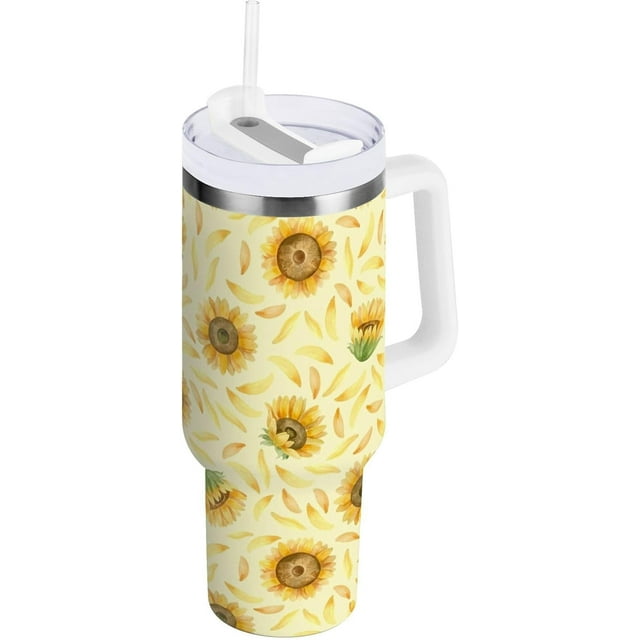 Gobelet Isotherme de 30 oz avec Poignée, Couvercle et Paille, Bouteille/gobelet d'Eau en Acier Inoxydable, Tasse/verre d'Eau Réutilisable, Compatible avec Porte-Gobelet, Tournesols Jaunes