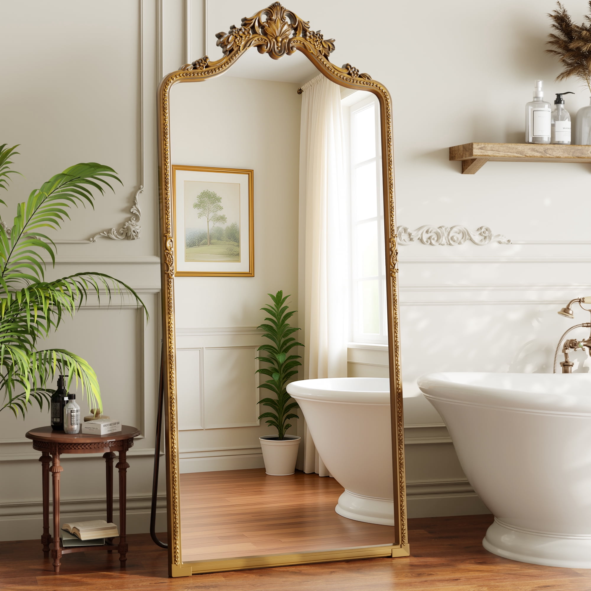 SHATTERVIEW 71"x32" Arched Floor Mirror Vintage Full Length Mirror with Carving Design, Antique Gold