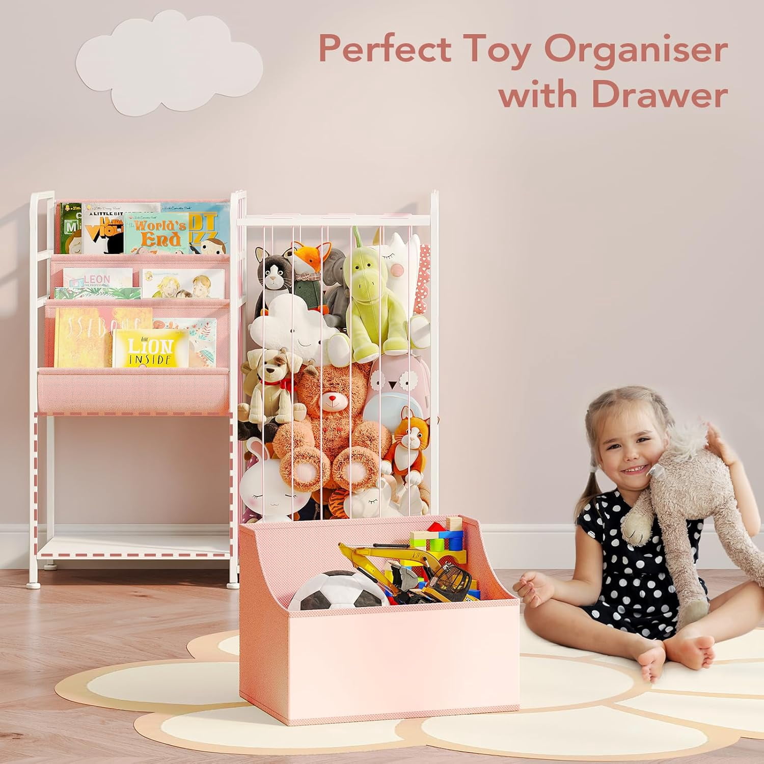 Kids Bookshelf and Stuffed Animal Storage - Multi-Function Nursery Book Shelves with Toy Box and PVC Book Display, Toy Organizer for Playroom, Bedroom, Nursery, Pink