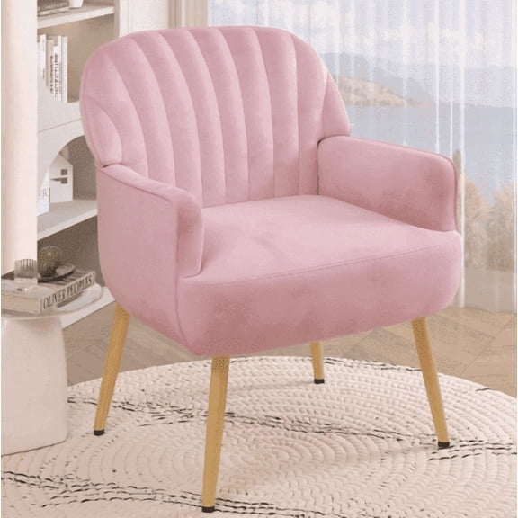 Holiway Accent Chair Flannel Upholstered with Metal Legs, Modern Sofa Chair for Bedroom/Office, Pink