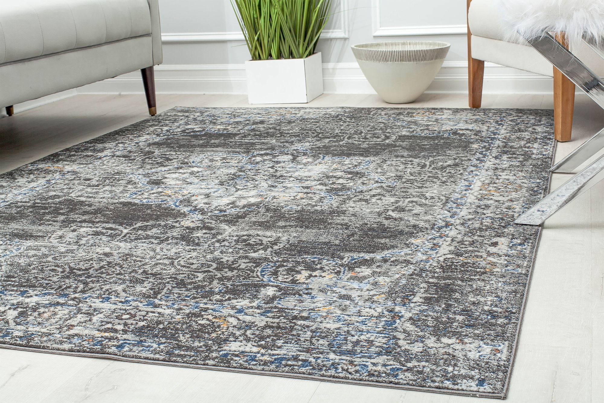Rugs America Preston PS35A Shadow Bay Blossom Transitional Vintage Gray Area Rug, 5'3" x 7'0"