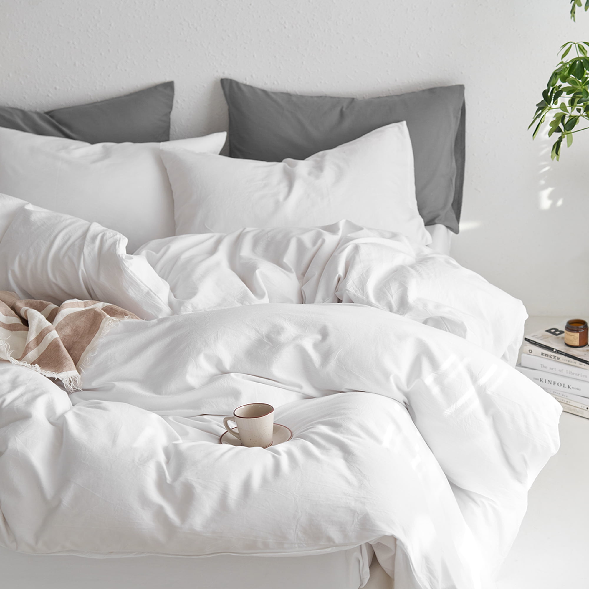 MooMee Duvet Cover Set Queen 100% Washed Cotton Twill Ultra-Soft Breathable Linen Like 3-Piece (Bright White, 90"x90")