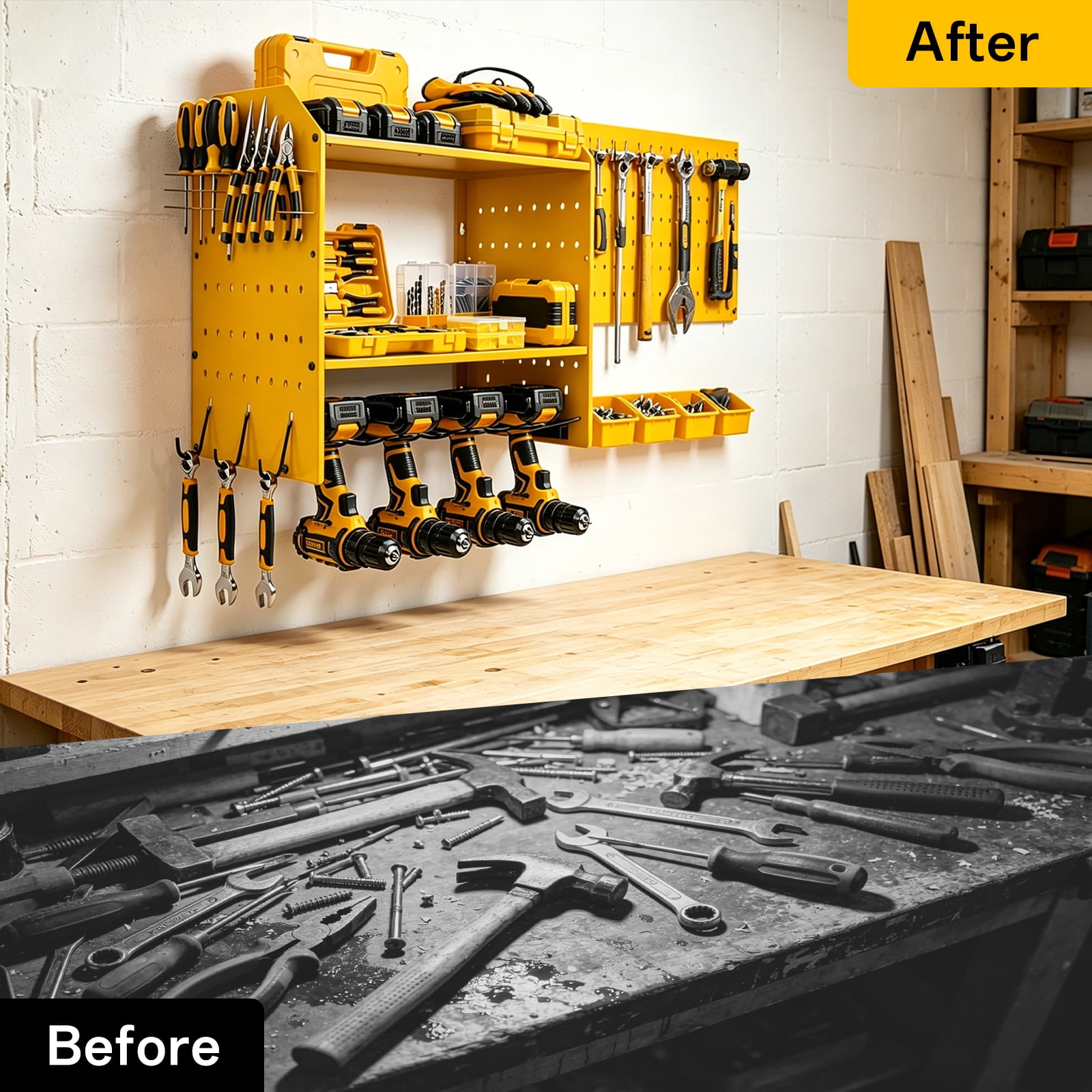 Power Tool Organizer Wall Mount, 4-Layer Drill Storage Shelf with Hooks,Screwdriver,Drill Bit Heavy Duty Rack Yellow