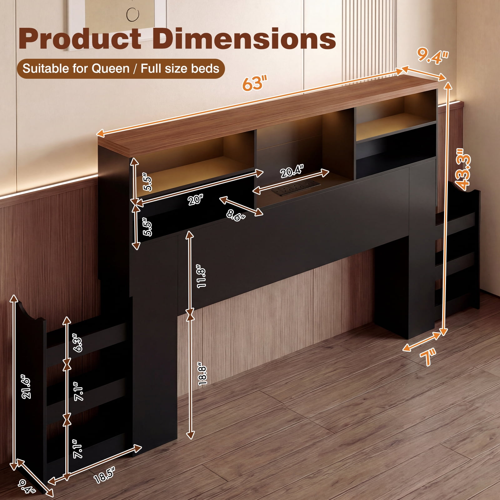 Advwin 63" Full/Queen Headboard with Pull-Out Storage Racks & LED Lights, Modern Bookcase Headboard with Charging Station, Space Saving Wood Headboard Only for Bedroom, Black & Walnut