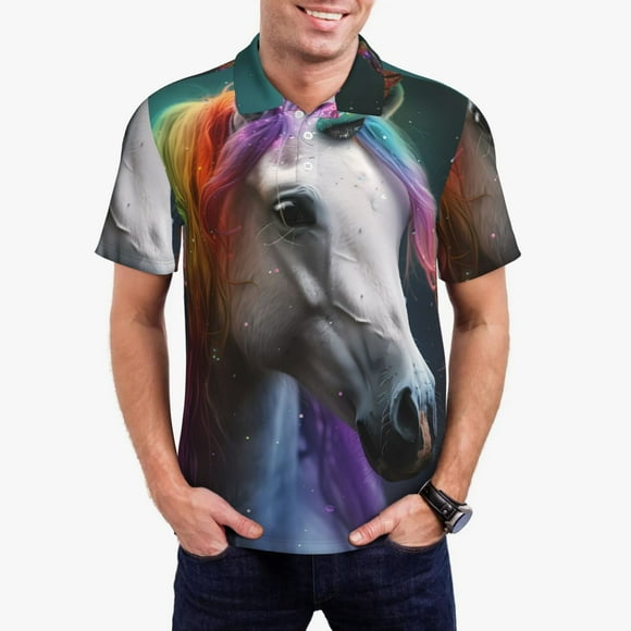 Balery Colorful Haired White Horse Camisa Polo de Hombre con Estampado, de Manga Corta y Tejido Medio, Camisa Tipo Golf Polo-Small
