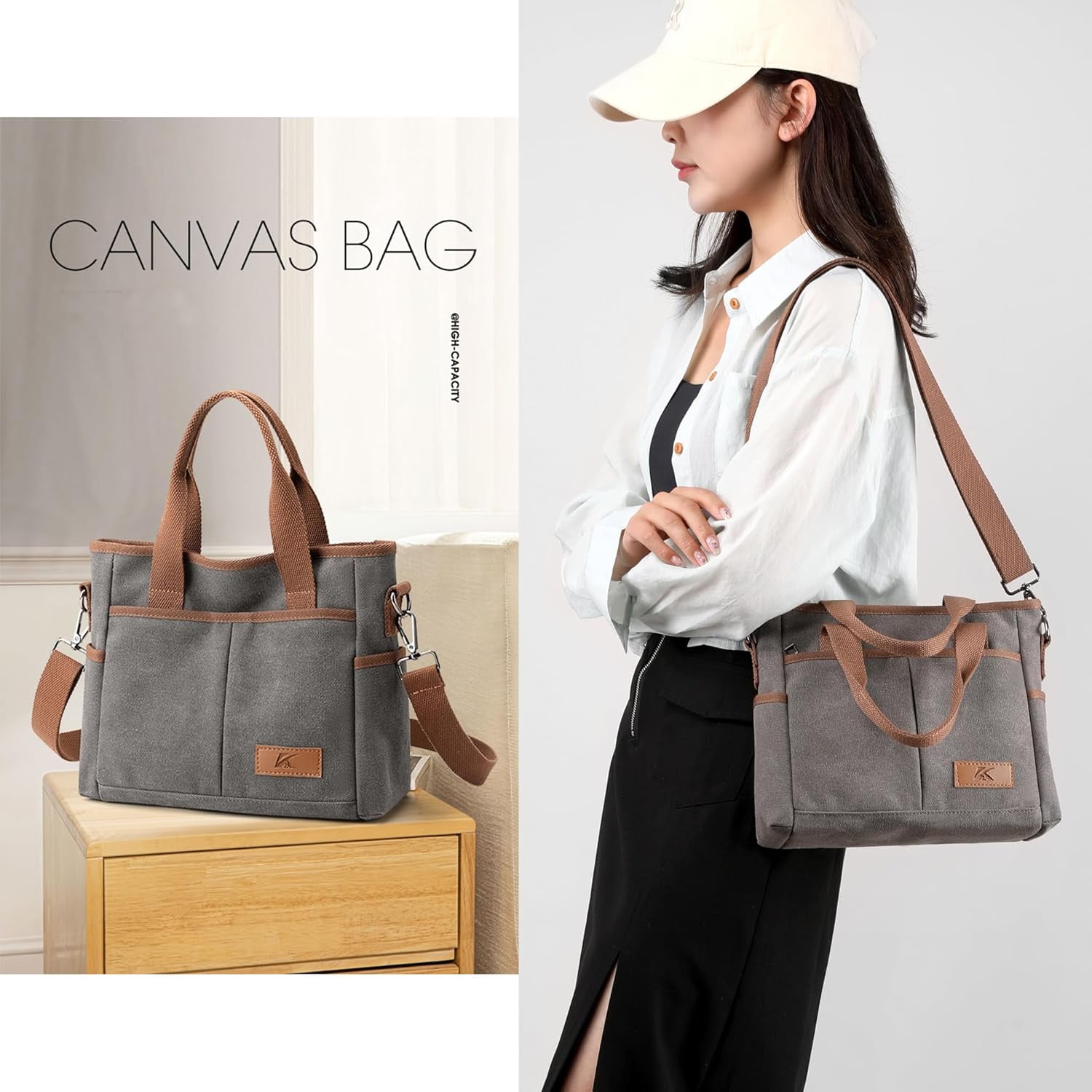 Crossbody Bags for Women Trendy Canvas Hobo Tote Top-handle Hand Bag Multi-pocket Casual Going Out Purse Satchel