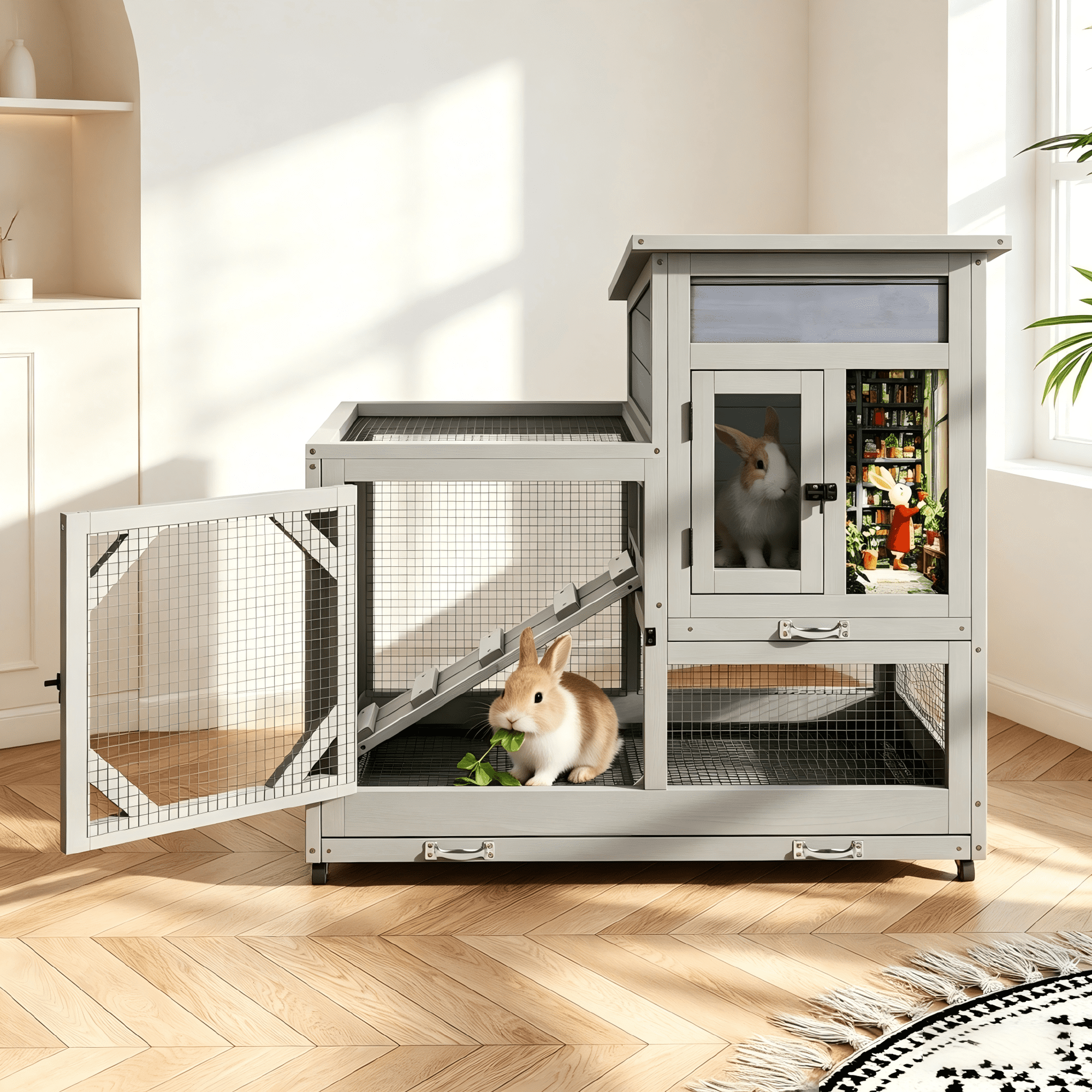 COZIWOW Wooden Rabbit Hutch on Wheels 2-Tier Indoor Bunny Cage Cleaning Trays and Run Gray