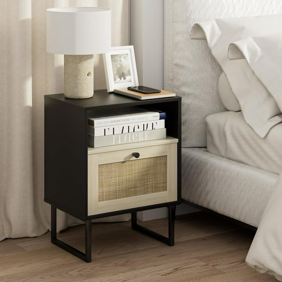 Rattan Nightstand,Modern Boho Farmhouse Wood Bedside Table with Storage Drawer and Open Shelf,Small Gold Frame Side End Table for Bedroom,Living Room,Office