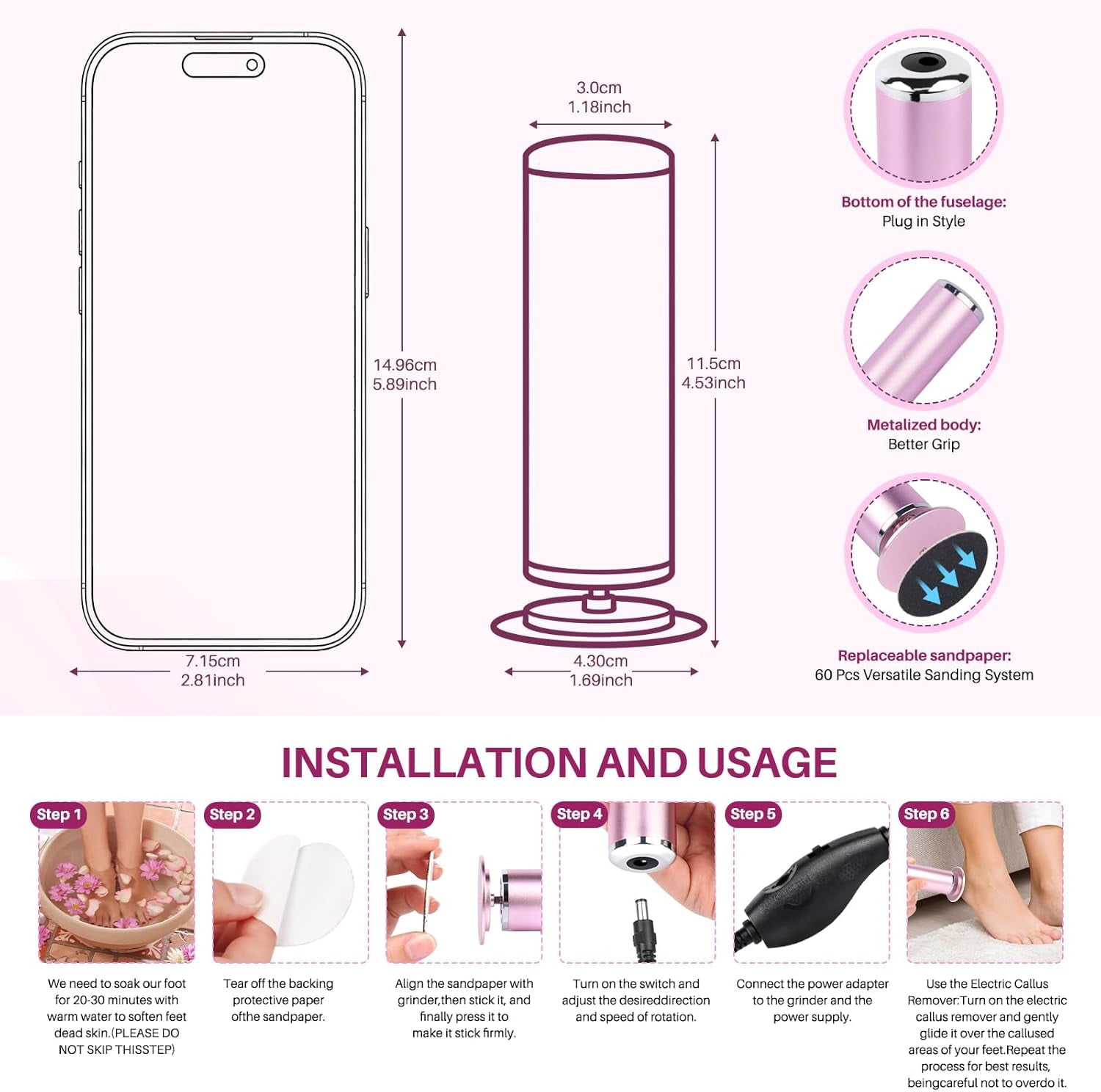 Electric Foot Callus Remover with 60pcs Sandpaper Discs, 4.8IN Longer Professional Callus Remover for Feet, Pedicure Tools Foot File for Dead Skin