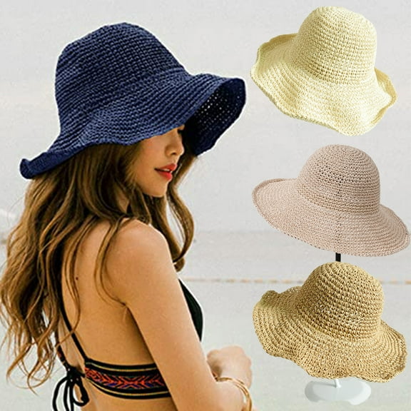 Hand-woven straw hat women's summer foldable British retro fresh sun visor hat sun hat/Navy Blue