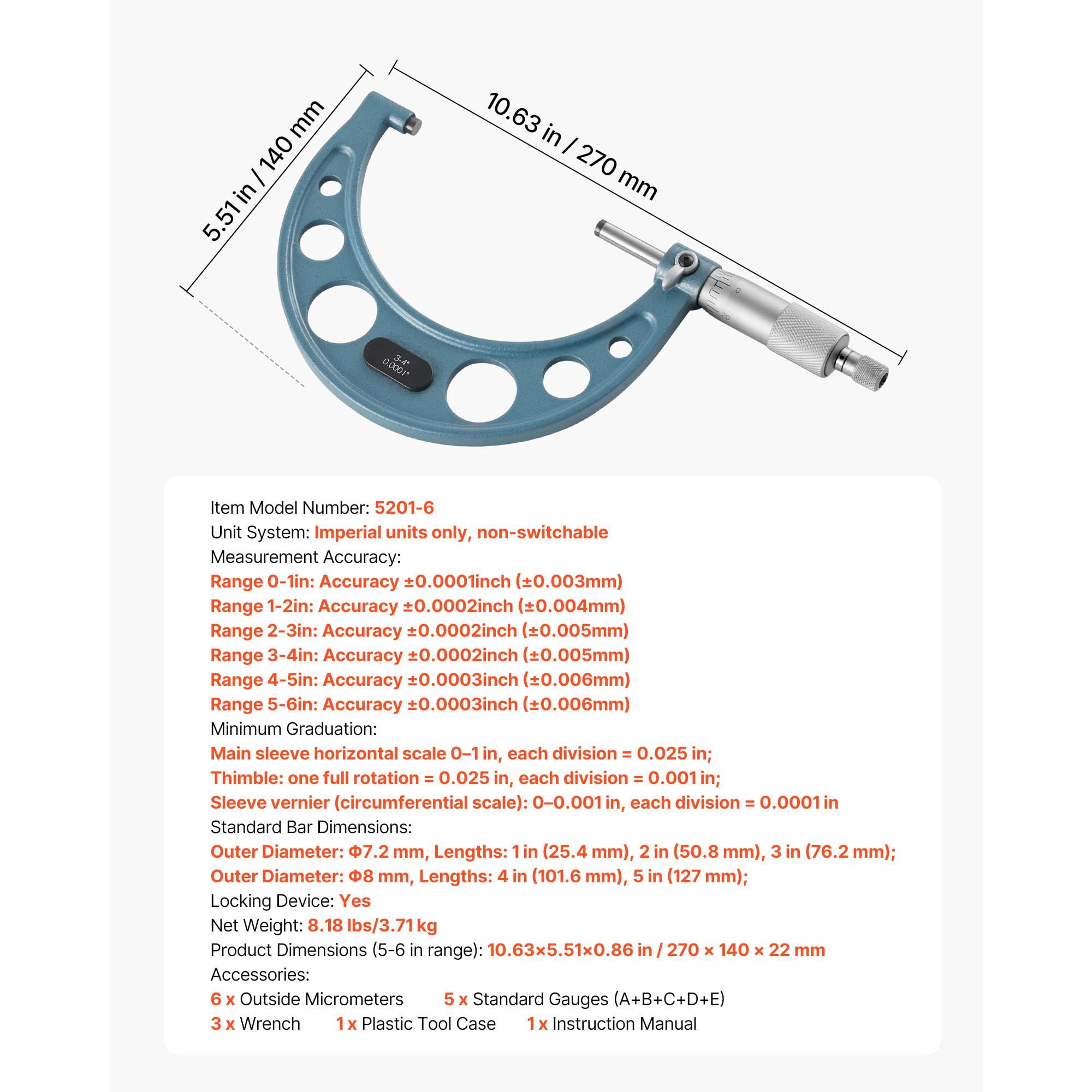 High-Precision Micrometer Set 0-6" with 5 Calibration Rods, Carbide-Tipped, for Precision Engineering Parts