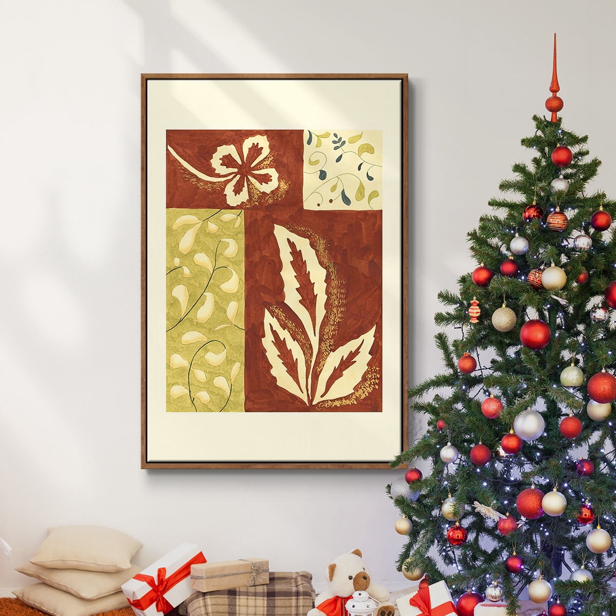 Festive Floral I - Framed Gallery Wrapped Holiday Canvas - 27 x 41 - Rosewood Frame
