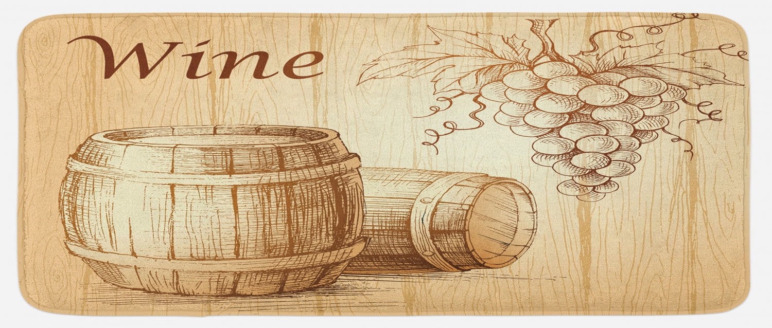 Wine Kitchen Mat, Wooden Barrels and Bunch of Grapes on Wood Backdrop