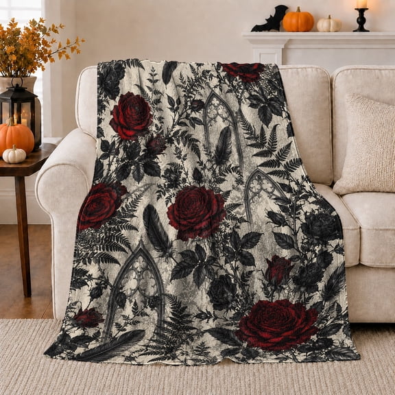 Gothic Red Roses Fern Windowpane Moody Scene Romantic, Cozy Friendship Quote Scene, Warm Flannel Blanket for Living Room and Reading Nook, Art Lovers Friendship Gift, Artistic Home Decor