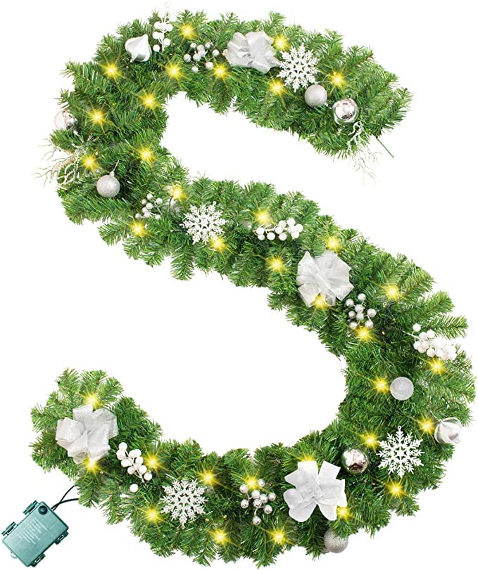 PreLit Christmas Garland, 9 Feet Christmas Garland with 50 Led Battery Powered, Xmas Garland