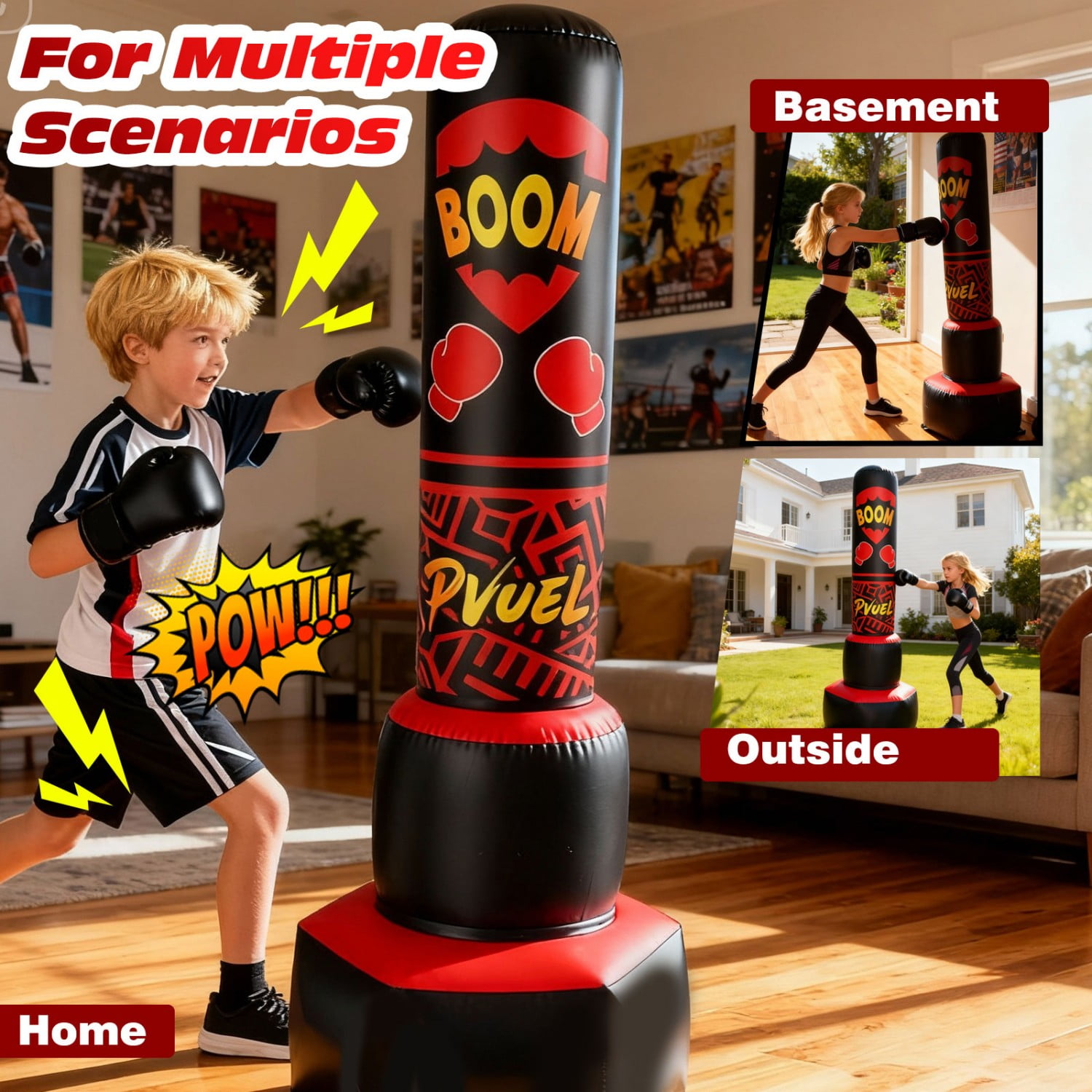 67inch Boxing Punching Bag Set for Adults Teens, Inflatable Boxing Freestanding with Gloves, Pump for Kids Children Youth Men Boxing Training Equipment MMA Fitness Home Gym, Red