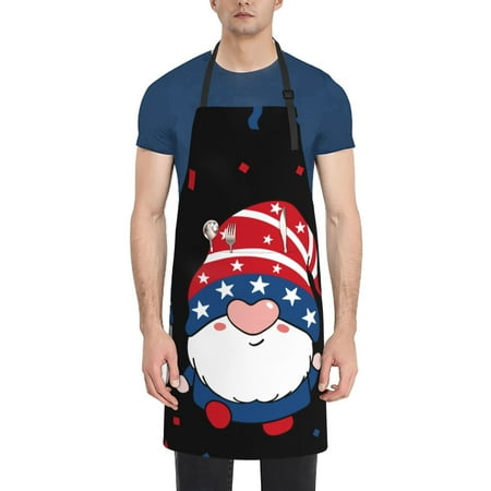 

Lukts Gnome Independence Day Pattern Kitchen Cooking Aprons Adjustable Bib Soft Chef Apron with 2 Pockets for Men Women