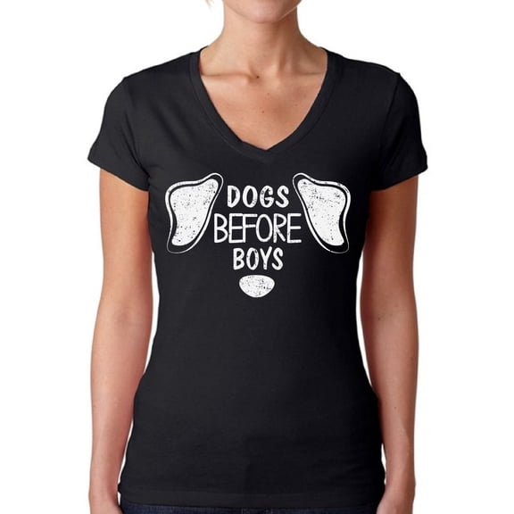 Dogs Before Boys Women V-Neck Shirt Dog Owner Gifts Anti Valentines Day T-Shirt for Women Funny Dogs Lover Tee for Her