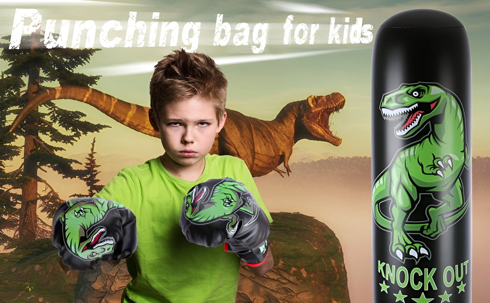 Dinosaur Punching Bag for Kids - 63 inch Inflatable Boxing Bag with Gloves - Children Sports Toys Exercising Boxing Set for Training Karate and Taekwondo - Freestanding Tumbler Bounce Back
