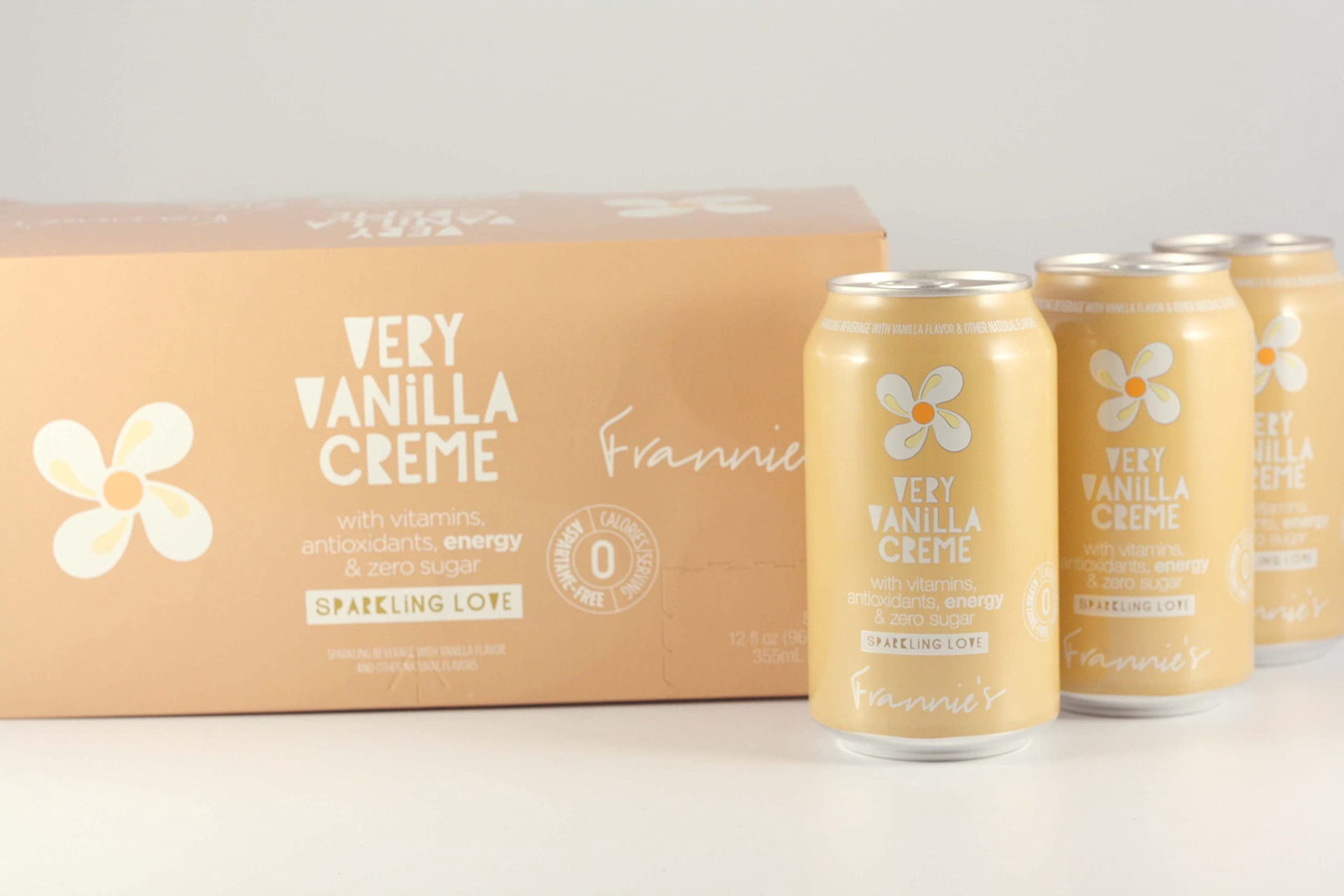 Frannies Sparkling Very Vanilla Creme, Protected With High-Density Foam, With Vitamins, Antioxidants, Energy, Zero Aspartame & No Sugar, 12 Oz. Cans Pack of 8 Cans