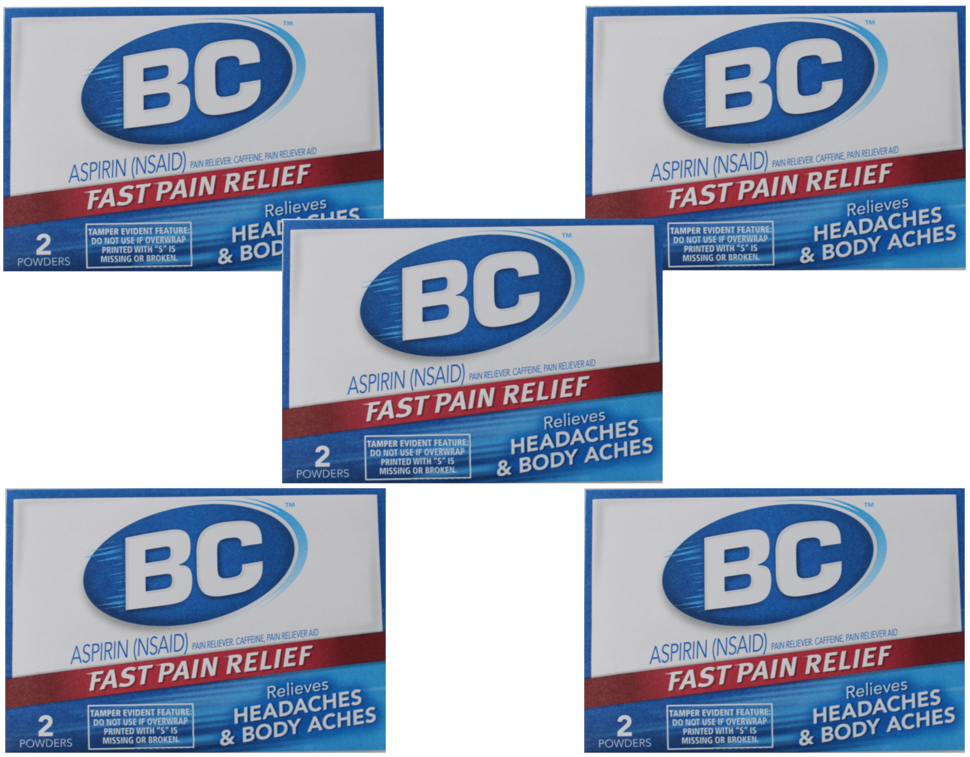 5 Pack BC Aspirin Powder Headaches Body Aches, 2 Powders Each Walmart