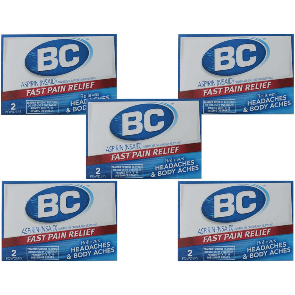 5 Pack BC Aspirin Powder Headaches Body Aches, 2 Powders Each Walmart