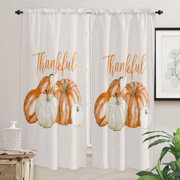 Orange White Pumpkins Fall Kitchen Curtains 84 Inches Long, Thanksgiving Pumpkin Rod Pocket Window Curtains Panels for Bedroom/Bathroom/Nursery, Light Filtering Treatment Curtains Drapes 52"x84"