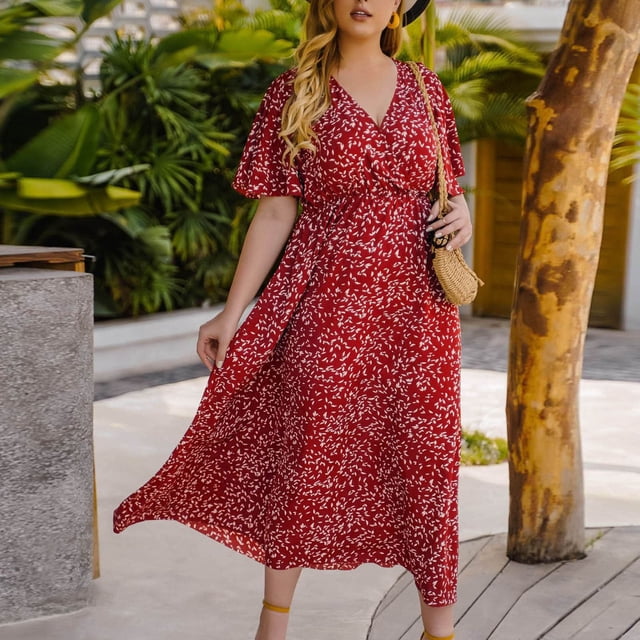 Fshaion Robe d'Été pour Femmes 2024 Grande Taille Manches Courtes Col en V Ample Longue Robe Liquidation à Moins de 10!