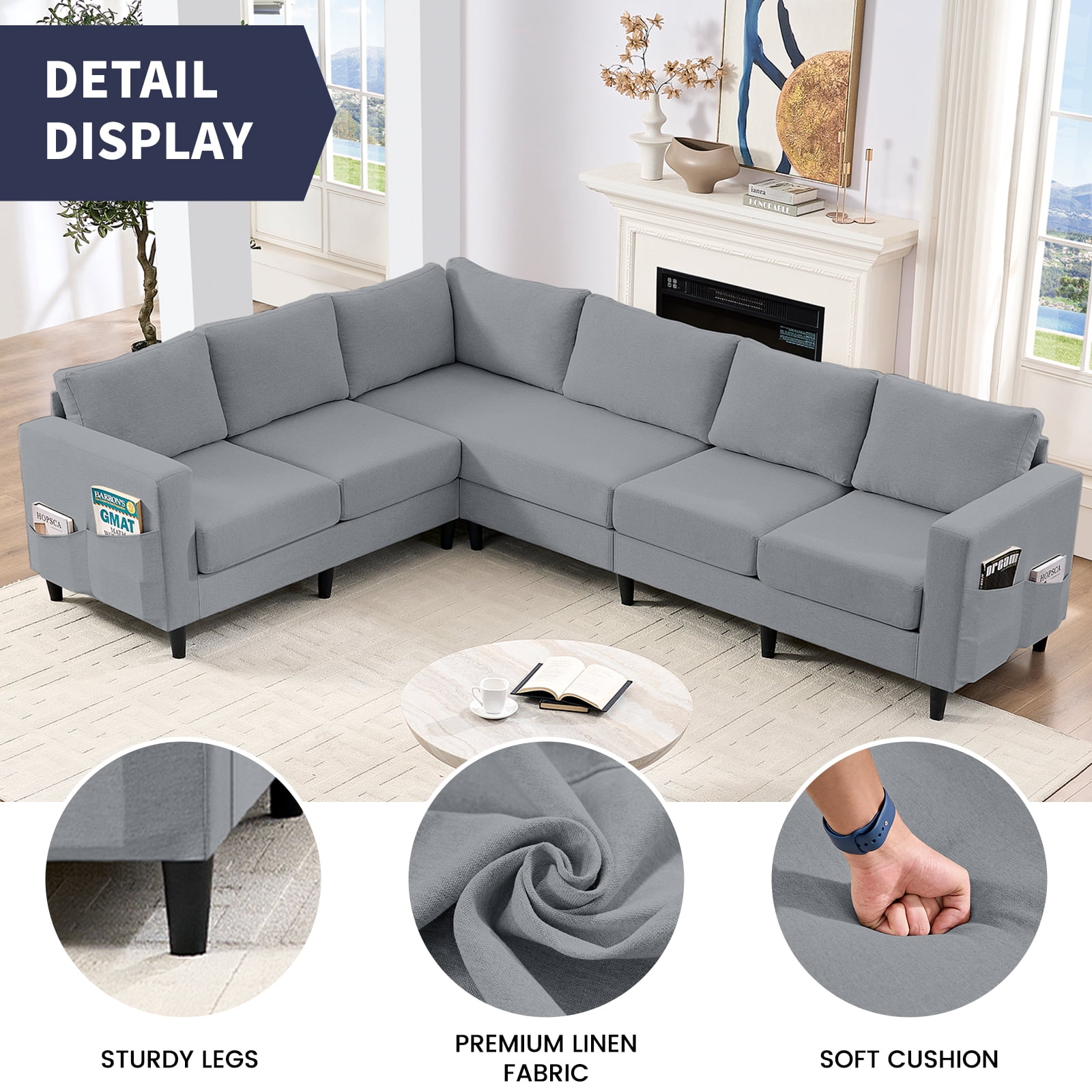 ZAFLY L-Shaped Couch, Sectional Corner Couches and Sofas with Linen Fabric for Living Room -  Light Grey