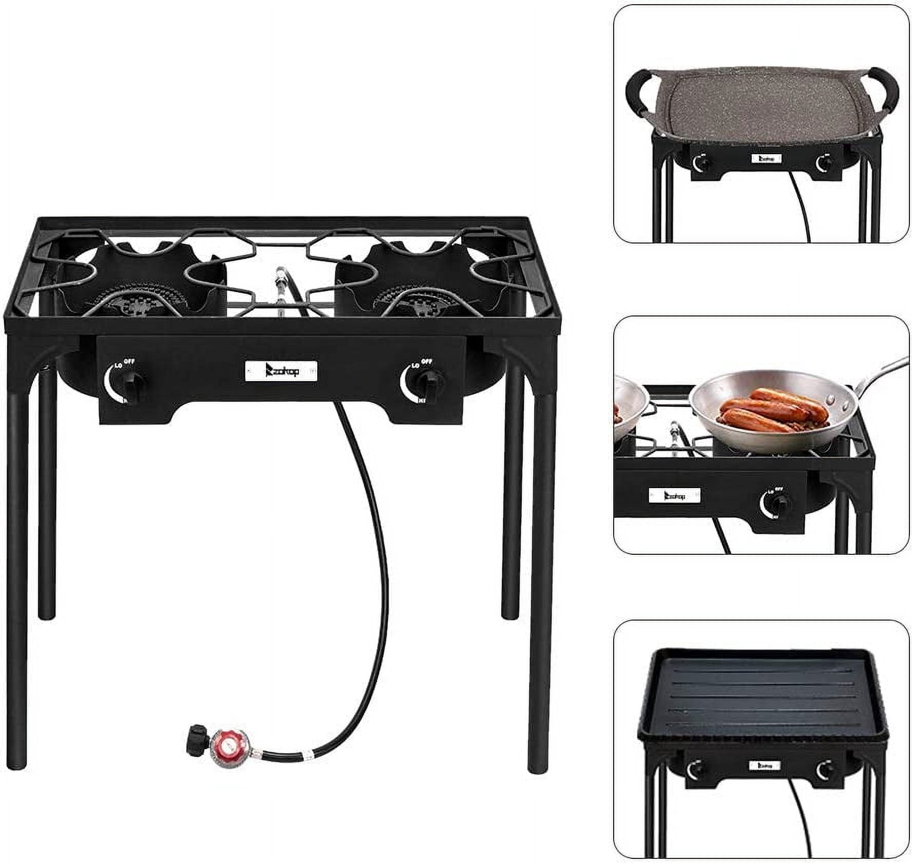 QXDRAGON Propane Double Burner Two Burner Camp Stove Outdoor High Pressure Propane 2 Burner Adjustable PSI Regulator and 4ft Leather Hose with Removable Legs