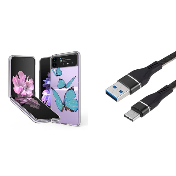 Bemz Premium Bundle for Samsung Galaxy Z Flip 3 5G: Slim Snap-On Protector Case (Blue Butterflies), Nylon Braided USB-C to USB-A Cable (3 Feet)