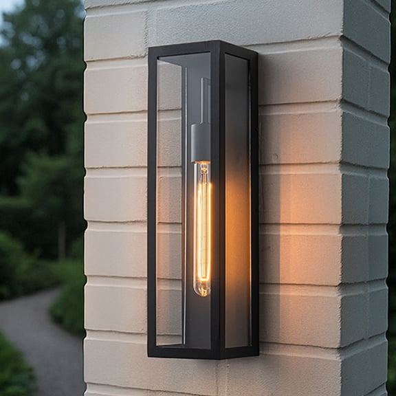 H18" 1-Light Modern Minimalist Black Outdoor Wall Lantern with Clear Glass Dusk to Dawn Outdoor Exterior Wall Light Open Bottom Wall Sconce for Porch Garage Entryway