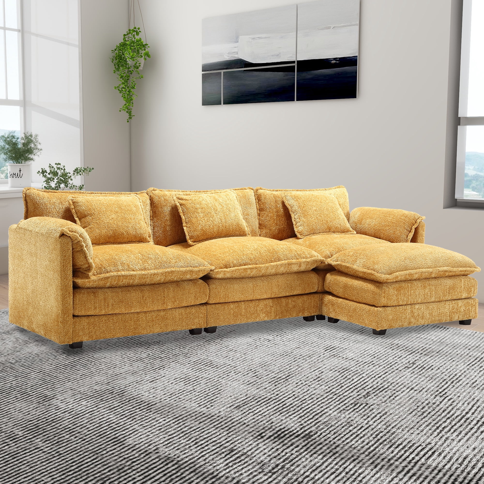 MOONMISS Modern Large Fabric L-Shaped Sofa Chenille Fabric, Movable Pedestal, Removable Armrests, Oversized 7-Seater Sofa