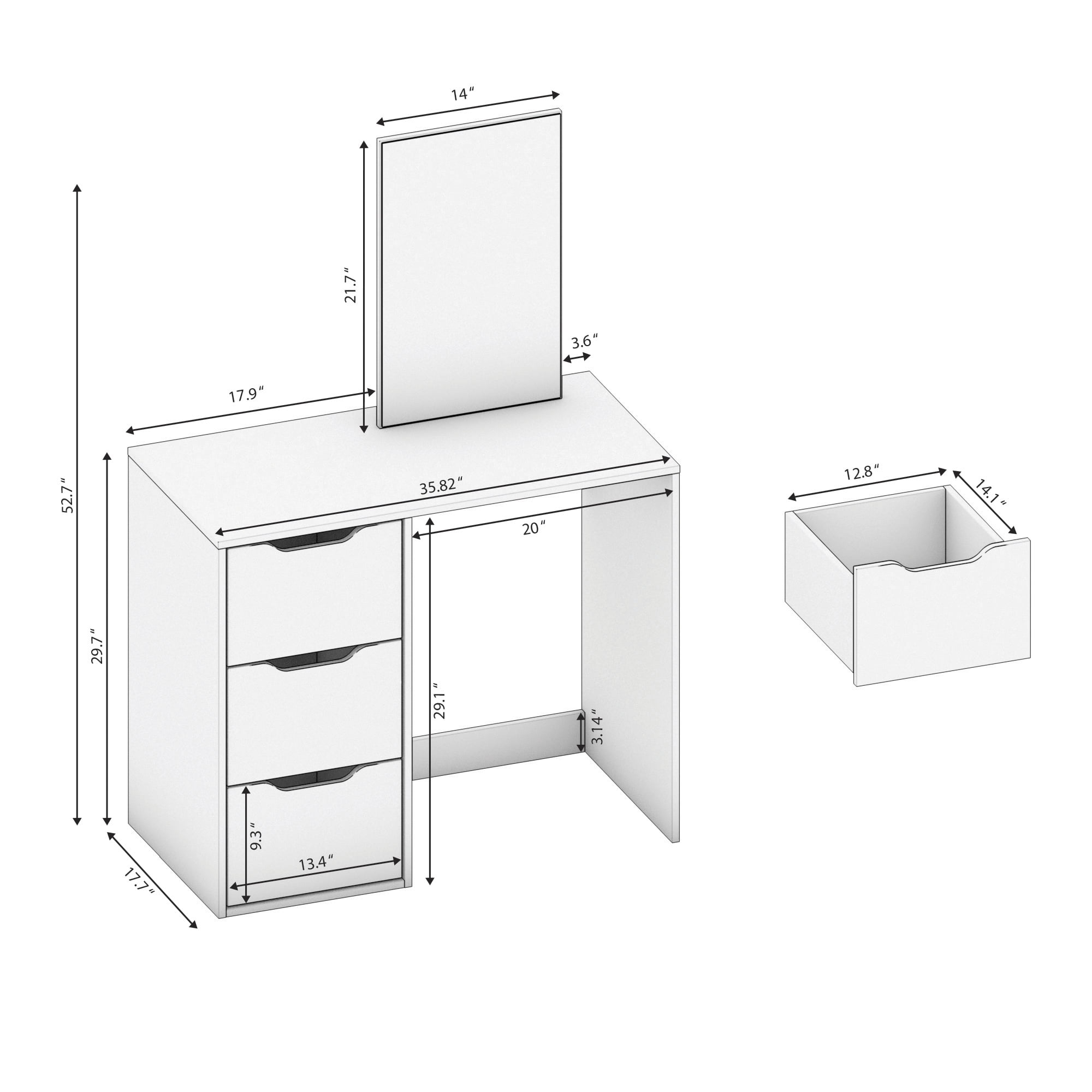 Kappesberg Cristiana White Modern Vanity with Mirror and 3 Drawers – 35.8”W - for Adults and Teens