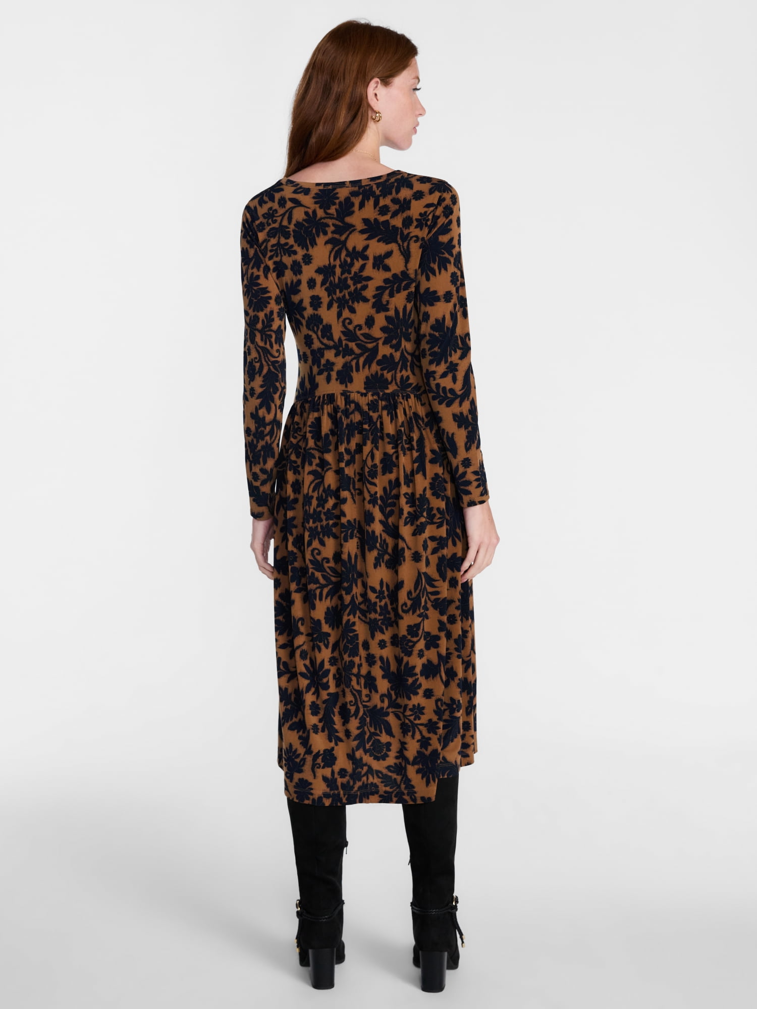 Scenario Women's Scoop Neck Midi Dress with Long Sleeves, Sizes XS-XXXL