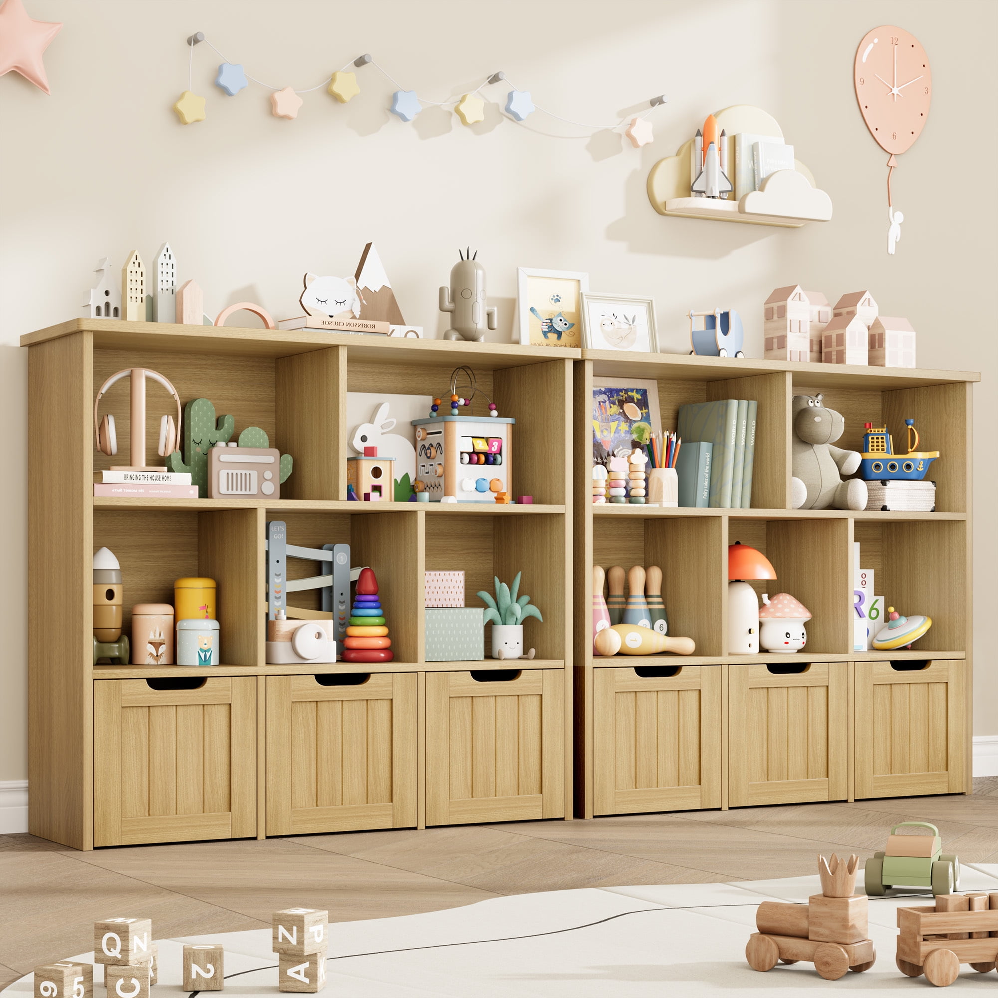 Homfa Toy Storage Organizer with 3 Movable Drawers, 5 Cube Kids Bookcase for Playroom, Storage Cabinet for Living Room, Natural Finish
