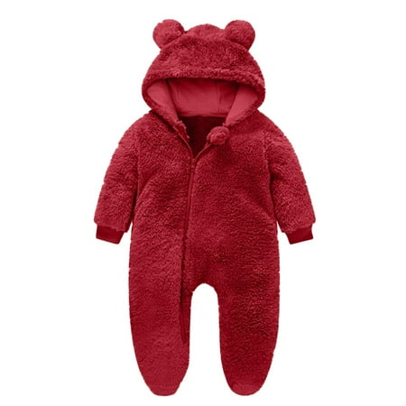 SERTG Toddler Kids Cute Hooded Romper Thick Lined Full Sleeve Bodysuit Fall Winter Warm Cozy Soft Onesie for Infants Boys and Girls 0-12 Months(Red 9 Months)