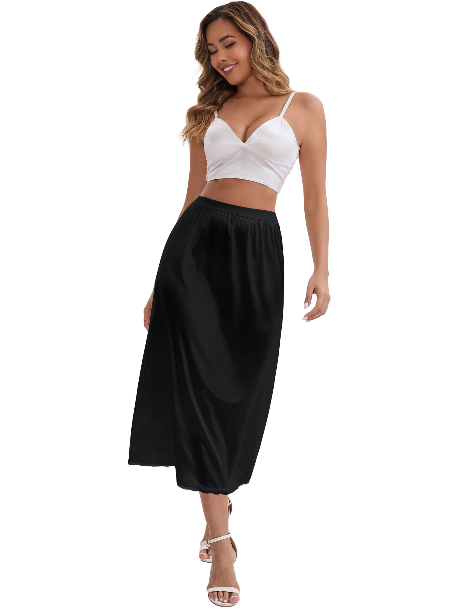 DARING DIVA Women's Satin Lace Trim Flared Hem Lightweight Maxi Half Slip M Black