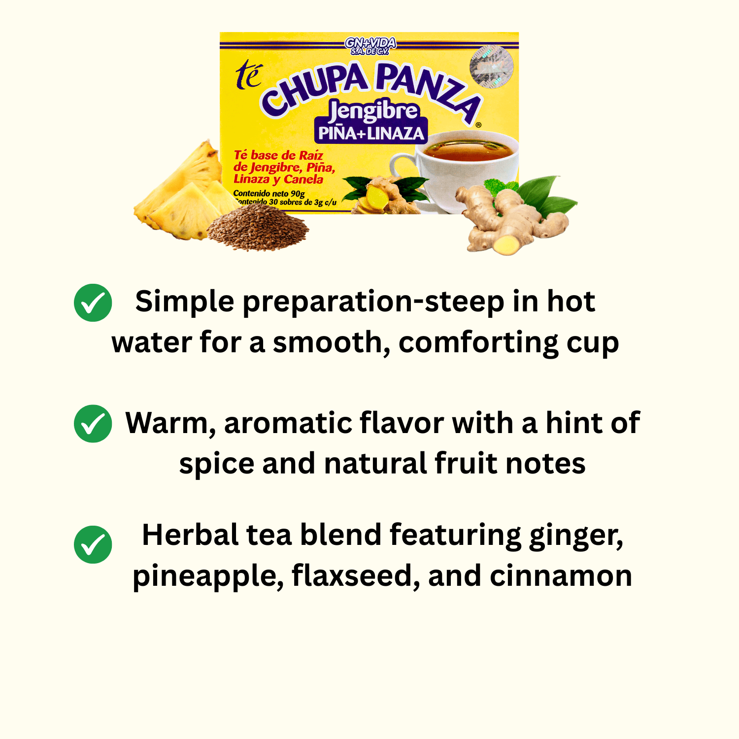 Chupa Panza Herbal Tea with Ginger, Pineapple, Flaxseed & Cinnamon, 30 Count Each, 3-Pack Combo