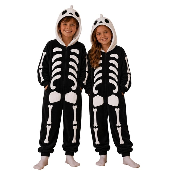 Krdevn Glow In Dark Cartoon Skeleton Hooded Zip Onesie Halloween Pocketed Fluffy Jumpsuit Family Matching Night Trick-or-Treat Cosplay Loungewear Black,13-14 Years